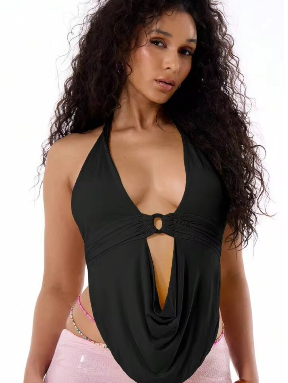 Musera Black Open Back Draped Halter Top w/ Ring Detail Large NWT Going Out Top